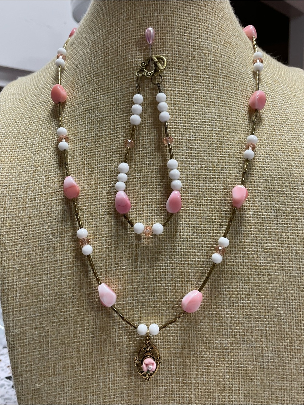 Artisan Made Czech Glass and Milk Glass Necklace and Bracelet Set